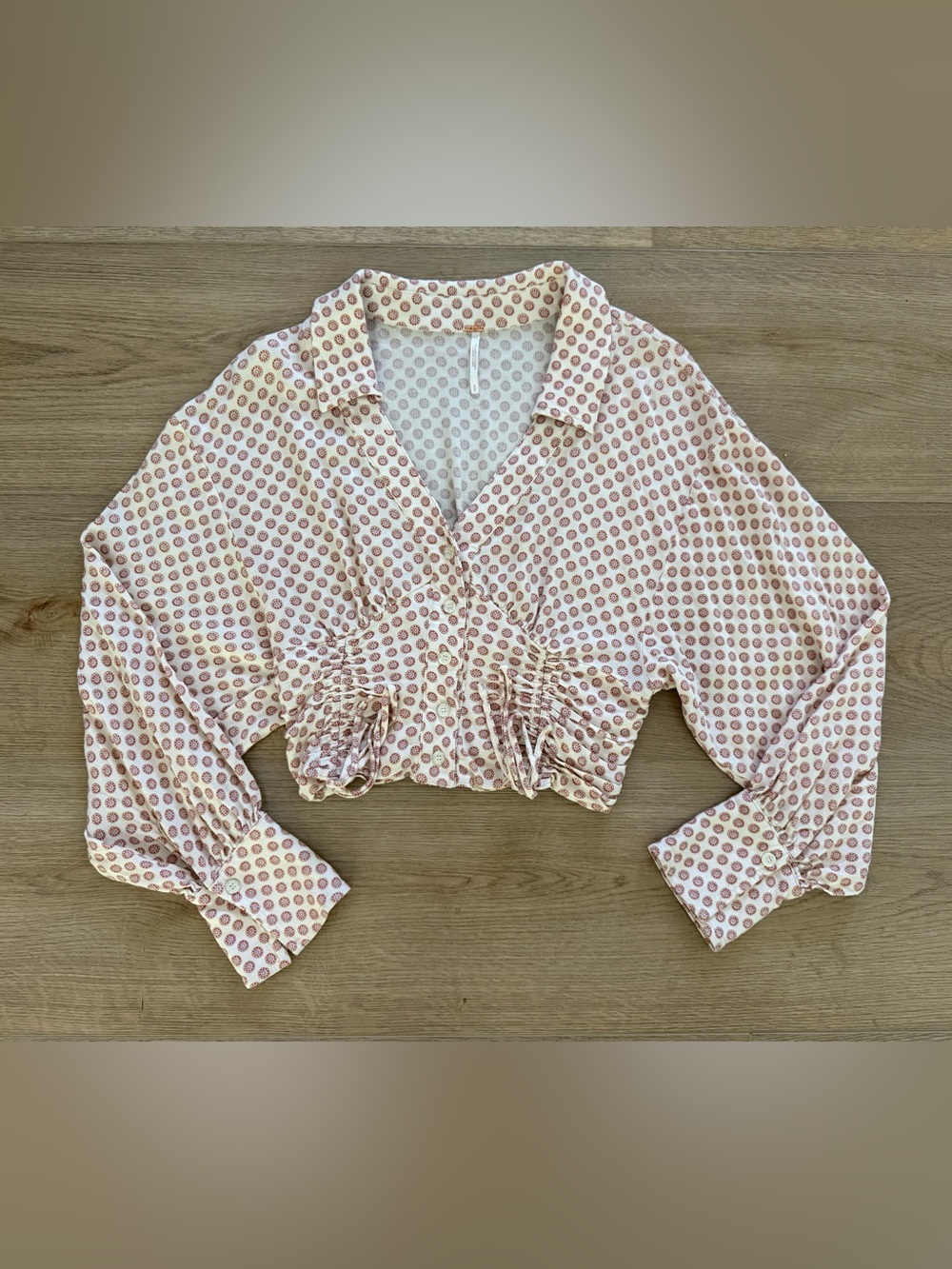 Free People Falling For You Top Ruched Button Front Blouse Small Cream Rust